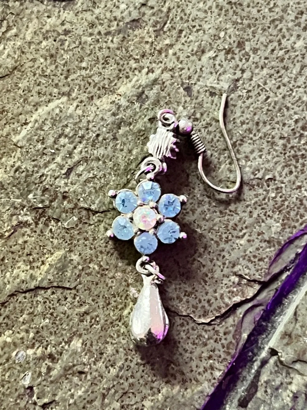 Silver Floral Drop Earrings with White Blue Crystal Stones